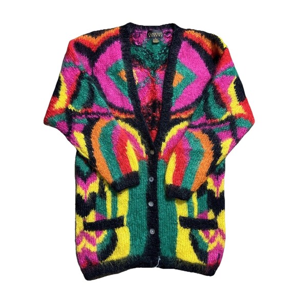 Vintage Classiques Mohair Acrylic Fuzzy Colorful Cardigan Sweater 80s Sz M - Picture 1 of 13